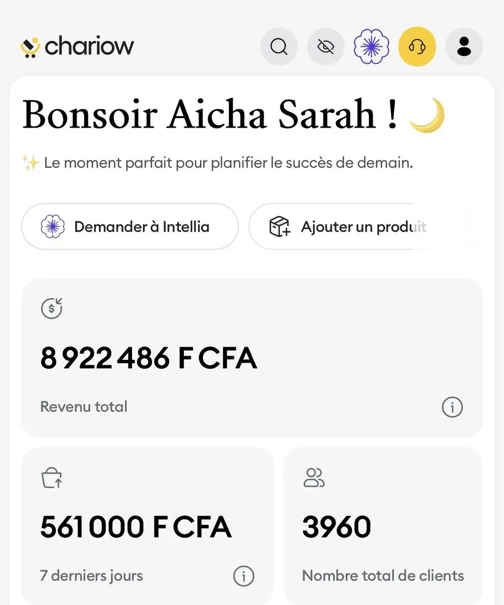 Capture Chariow montrant le revenu total, les revenus des 7 derniers jours et le nombre total de clients